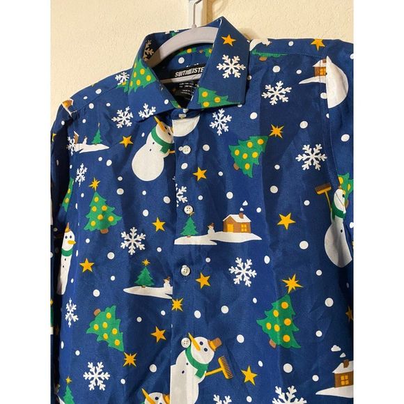 Suitmeister Long Sleeve Button Up Snowman Christmas Theme Boy's Shirt Size XL - Picture 5 of 9